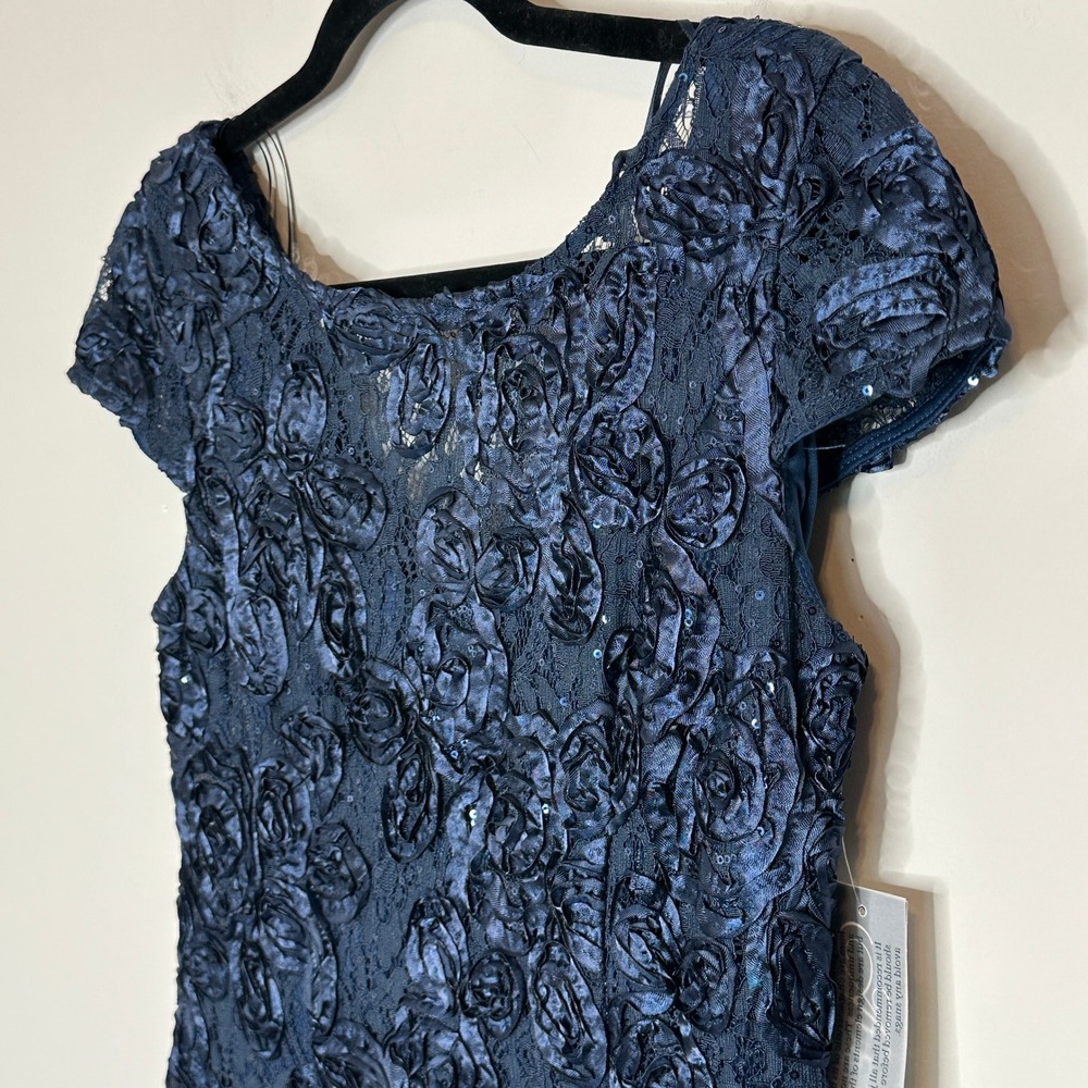 Alex Evenings Navy Blue Floral Lace Sequin Rosette Embellished Midi Dress Size 8 - Picture 9 of 16
